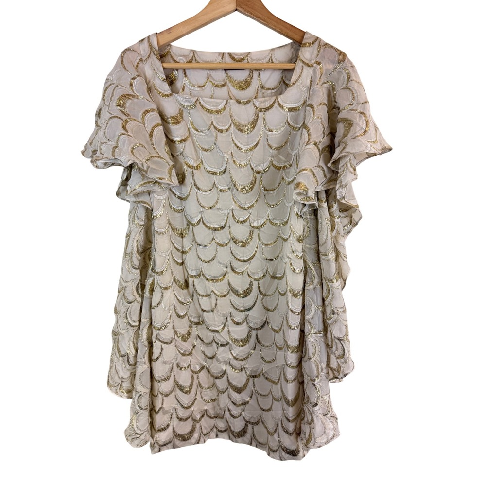 Loeffler Randall Caped Scalloped Silk Dress Size 0 Gold Metallic Art Deco Luxe